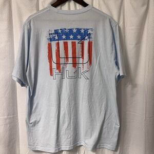 NWOT Huk Flag T-shirt Tee Fishing Boat Ocean Size XL Patriotic Light Blue SS